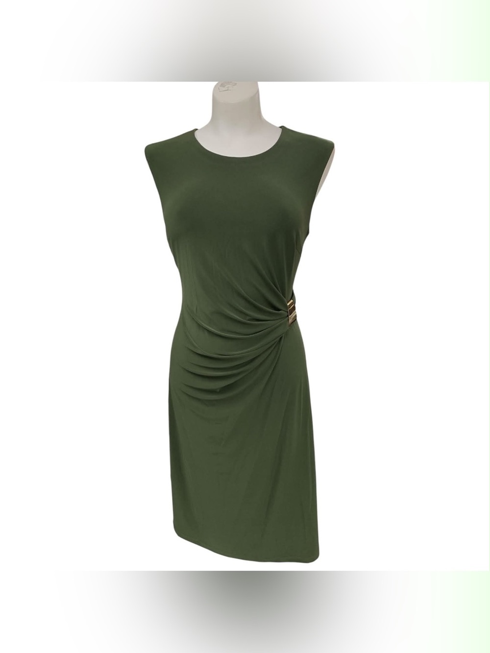 Laura Sleeveless Olive Green Gathered Waist Sheath Dress Size S